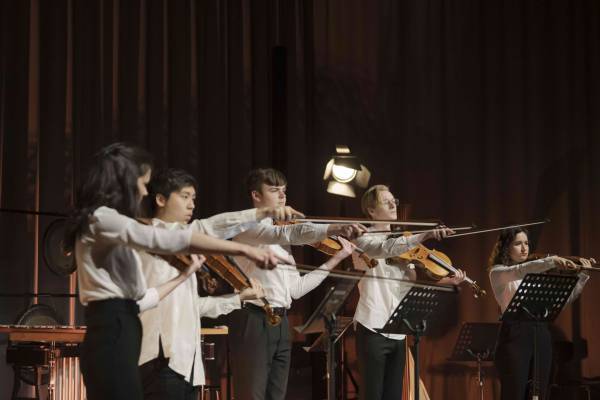Fünf Musikerinnen und Musiker spielen Geige